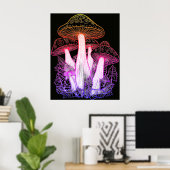Poster Champignons psychédéliques fond noir sur un mur (Bureau à domicile)