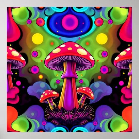 Poster Champignons Rétro Colorés Vibrants Psychedéliques (Devant)
