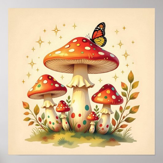 Poster Champignons Rétro et Papillon | Couleurs Rétro (Devant)