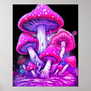 Poster Champignons roses sur fond noir sur un mur