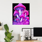 Poster Champignons roses sur fond noir sur un mur (Bureau à domicile)