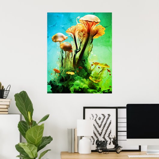 Poster Champignons translucides verts gras sur un mur (Bureau à domicile)
