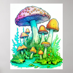 Poster Champignons verts sur fond blanc sur un mur