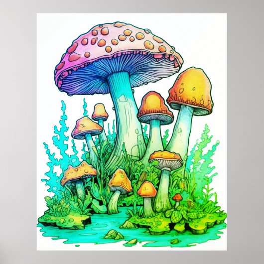 Poster Champignons verts sur fond blanc sur un mur (Devant)