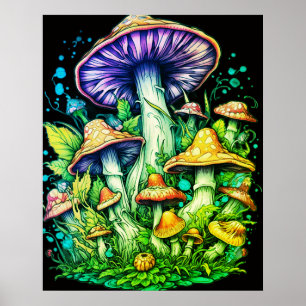 Poster Champignons verts sur fond noir sur un mur