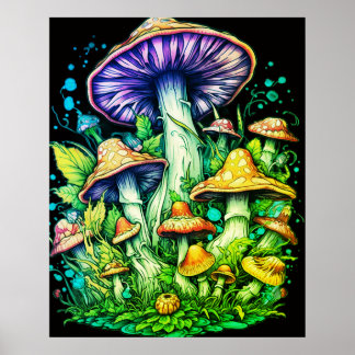 Poster Champignons verts sur fond noir sur un mur