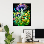 Poster Champignons verts sur fond noir sur un mur (Bureau à domicile)