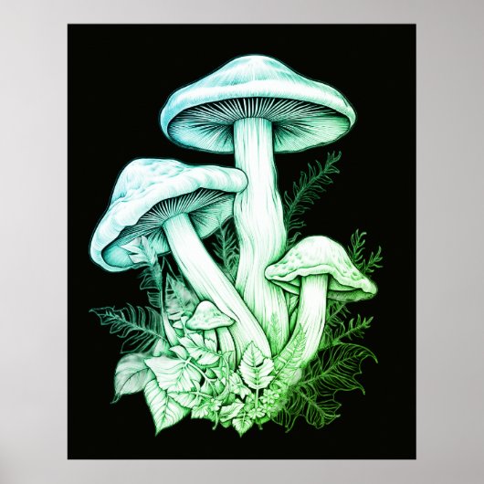 Poster Champignons Verts Translucides Fond Noir Mur (Devant)