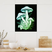 Poster Champignons Verts Translucides Fond Noir Mur (Cuisine)