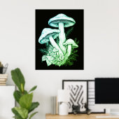 Poster Champignons Verts Translucides Fond Noir Mur (Bureau à domicile)
