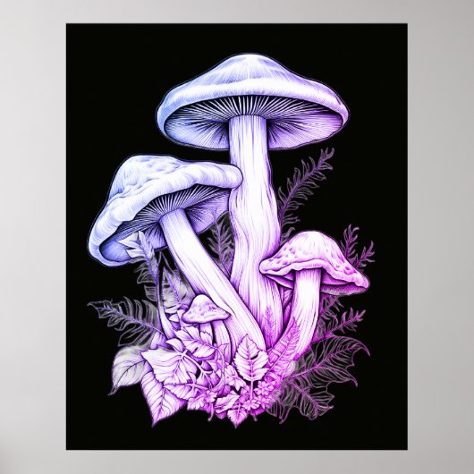 Poster Champignons Violet Clair Fond Noir Mur (Devant)