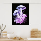 Poster Champignons Violet Clair Fond Noir Mur (Cuisine)