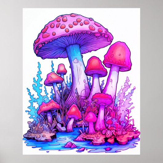 Poster Champignons violets sur fond blanc sur un mur (Devant)