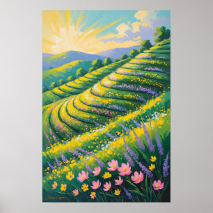 Poster Champs de Lavande Ensoleillés avec des Collines On
