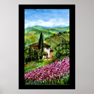 POSTER CHAMPS D'IRIS PURPLE DANS LE PAYSAGE VERT TUSCANS