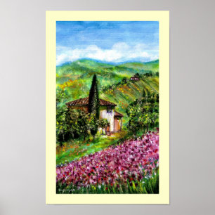 POSTER CHAMPS D'IRIS PURPLE DANS LE PAYSAGE VERT TUSCANS