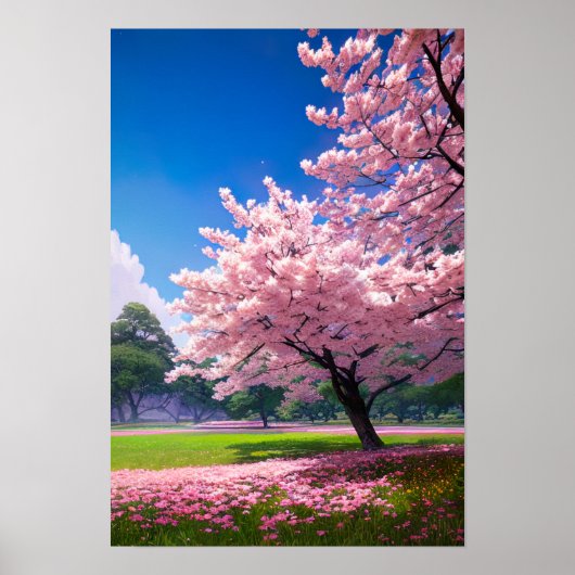 Poster Champs verts et arbres en fleurs (Devant)