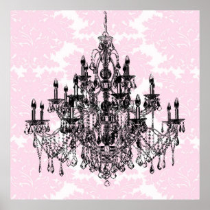 Poster Chandelier rose Damas Art