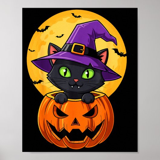 Poster Chapeau de sorcière chat noir mignon dans citrouil (Devant)