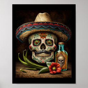 Poster Chapeau de Tequila Crâne de Sucre Mexicain Cinco D