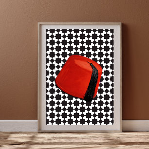 Poster Chapeau Fez Marocain - Tarboush Rouge avec Carreau