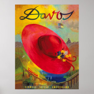 Poster Chapeau rouge sur le paysage montagneux estival, D