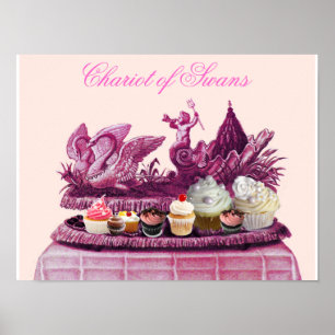 POSTER CHAR CHARRETTE ANTIQUE ROSE DE CYGNES ET GATEAUX