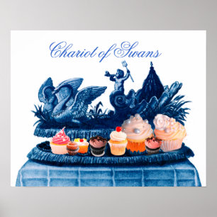 POSTER CHAR CHARRETTE ROSE ANTIQUE DE CYGNES ET GATEAUX