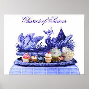 POSTER CHARIOT BLEU ANTIQUE DE CYGNES ET CUPCAKES