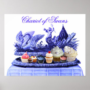 POSTER CHARIOT BLEU ANTIQUE DE SWANS ET CUPCAKES