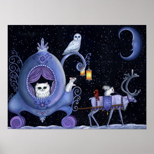Poster Chariot bleu chat mignon cerf blanc hibou enneigé  (Devant)