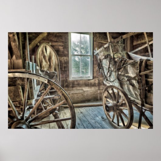 Poster Chariot couvert, roue de chariot en bois (Devant)