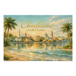Poster Charleston, Caroline du Sud Plage vintage, Église