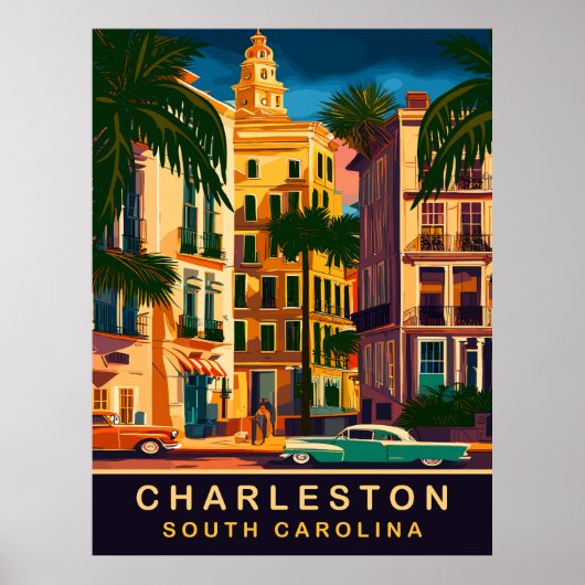 Poster Charleston Downtown, SC, Vintage voyage (Devant)