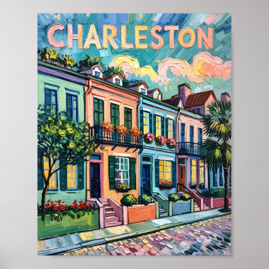 Poster Charleston Rainbow Row Van Gogh Style peinture à l (Devant)