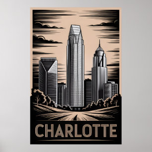 Poster Charlotte Caroline du Nord Gravure sur bois Noir B
