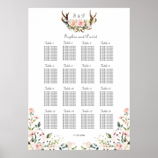 Poster Charm Blush Cream Fleurs Antlers Diagramme de sièg (Devant)