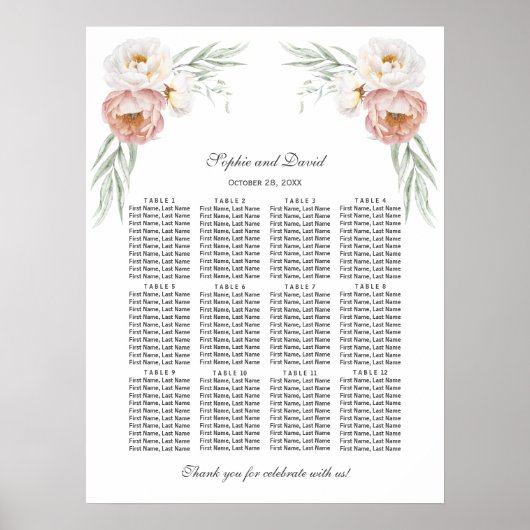 Poster Charm Dusty Rose Fleurs Mariage Seating Chart (Devant)