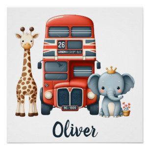 Poster Charmant bus de Londres avec Giraffe & Elephant