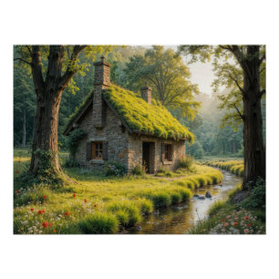 Poster Charmant cottage en pierre au bord d'un ruisseau f
