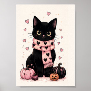 Poster Charmant Écharpe Cœur Rose Chat Noir
