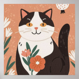 Poster Charmant Kitty doux aux fleurs