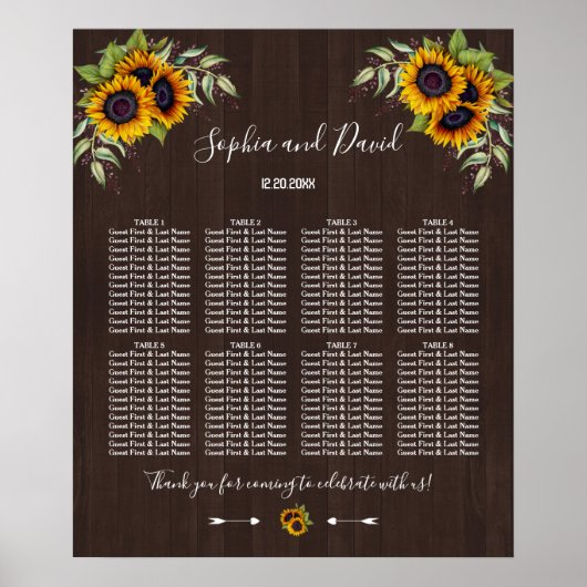 Poster Charmant Sunflowers Mariage de bois carte de siège (Devant)