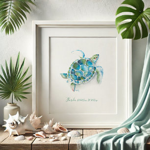 Poster Charmant turquoise bleu Aquarelle Tortue de mer