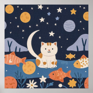 Poster Charmante petite chaton entre les étoiles et le po