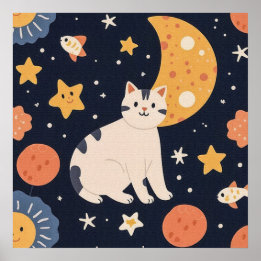 Poster Charmante petite chaton entre les étoiles et le po