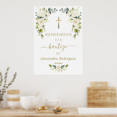 Poster Charme Fleurs Blanches Bienvenue Signe Baptême Esp (Cuisine)