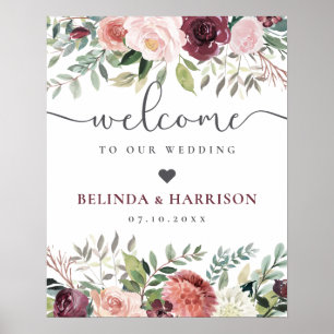 Poster Charme rustique Bourgogne Blush rose Mariage Flora