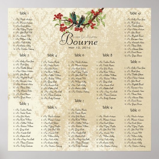 Poster Chart de mariage aux oiseaux d'amour rouge sarcell (Devant)