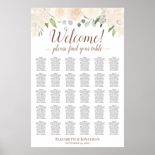 Poster Chart de placement de mariage 30 tables Roses Fard (Devant)